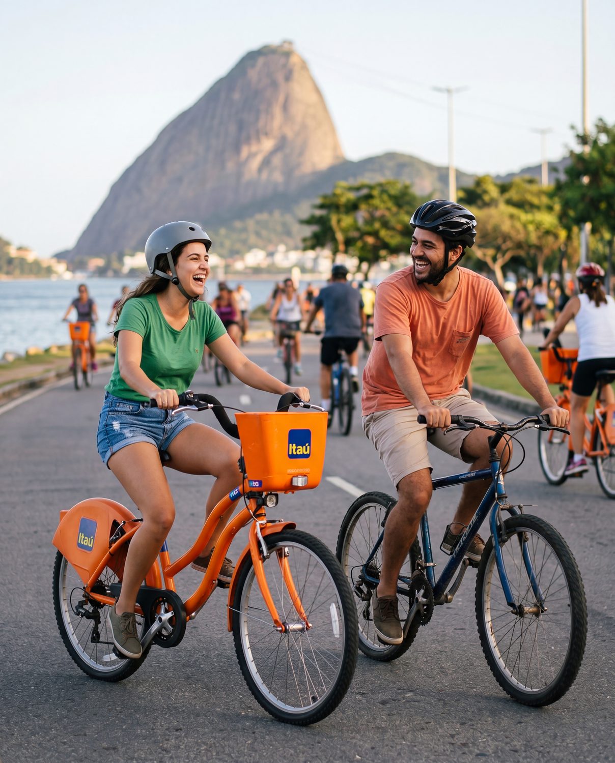 A couple riding Itaú bikes in Rio