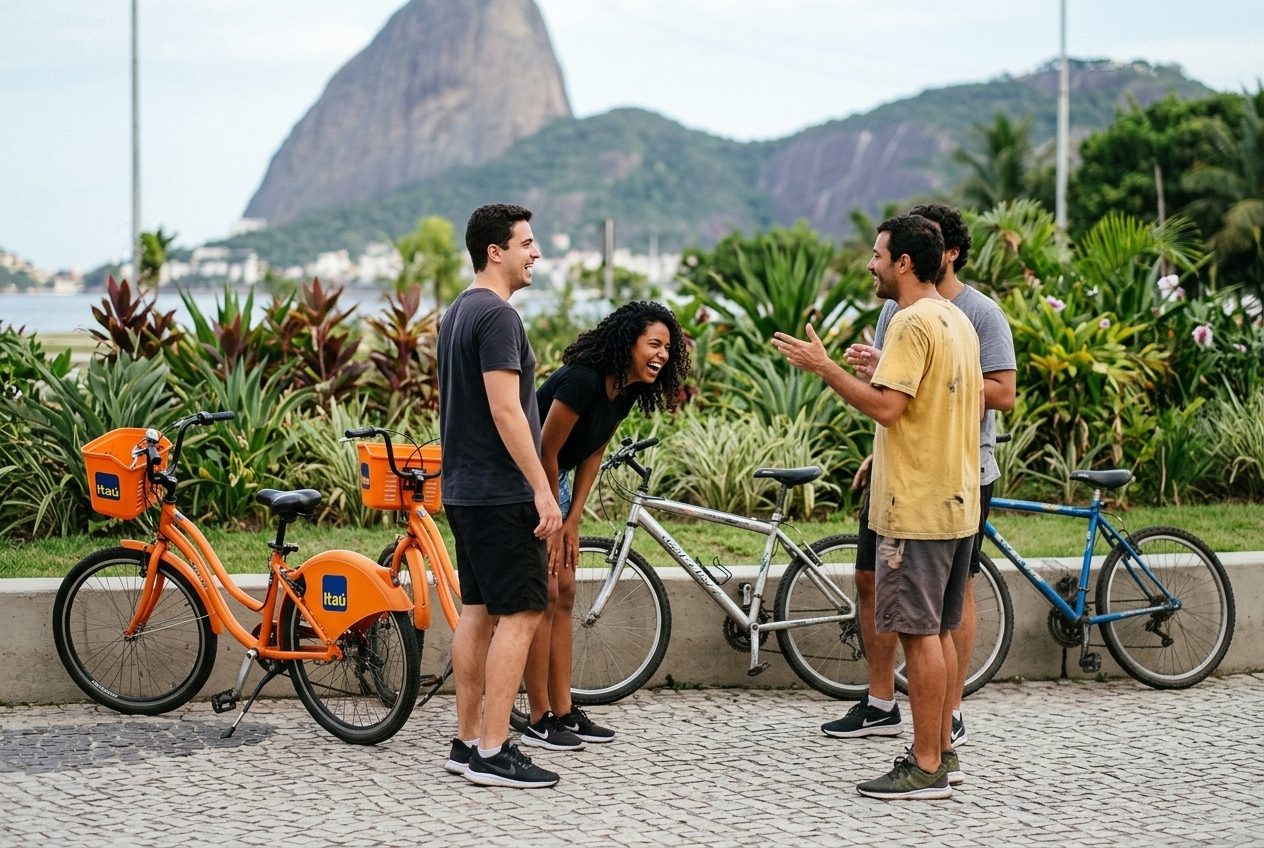 Friends cycling side by side at BiciRio