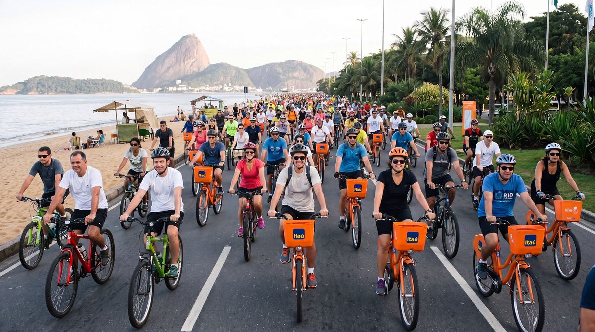 Cyclists riding Itaú bikes at the BiciRio event