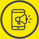 Icono de celular con megáfono para servicios de publicidad integrada y medios pagados.