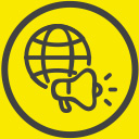 Icono de globo terráqueo y megáfono que representa la planificación y ejecución de eventos internacionales.