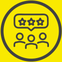 Ícone com três pessoas e estrelas representando marketing de influência e parcerias com influenciadores.