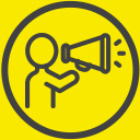 Ícone de uma pessoa com um megafone representando serviços estratégicos de relações públicas na América Latina.